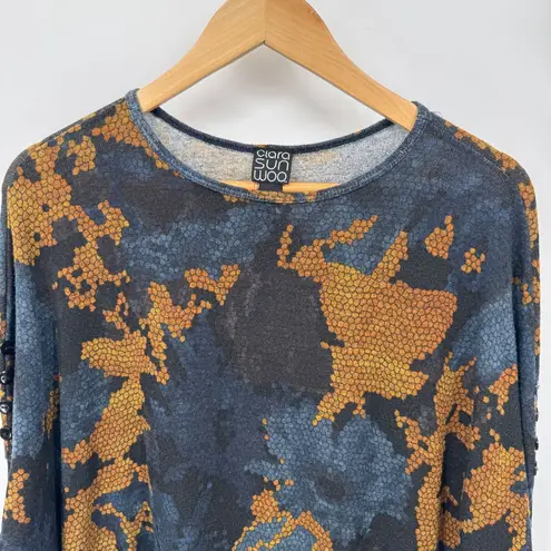 Clara Sun Woo Tunic Top Womens Small Oversized Blue Gold Floral Polyester VTG