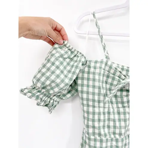 leRumi Mia Green Gingham Print Short Puff Sleeve Bow Front Mini Dress Size L Size L