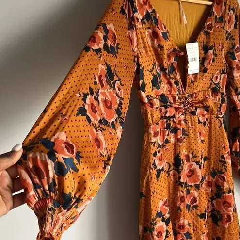 Free People NEW  Morning Light Golden Yellow Print Long Sleeve Mini Dress