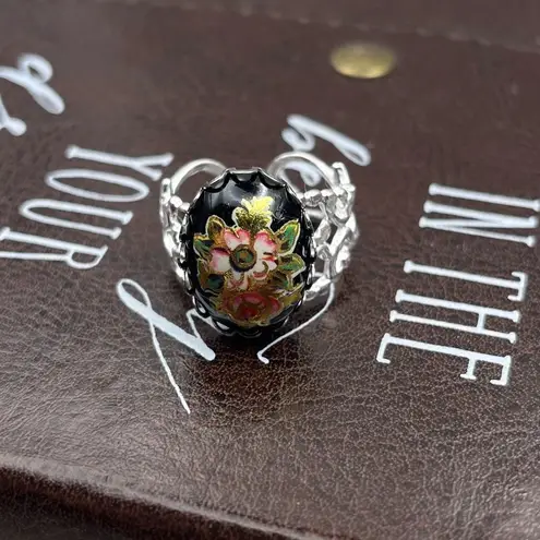 Vintage Floral Glass Cameo Ring | Adjustable Stainless Steel | Holiday Gift Black