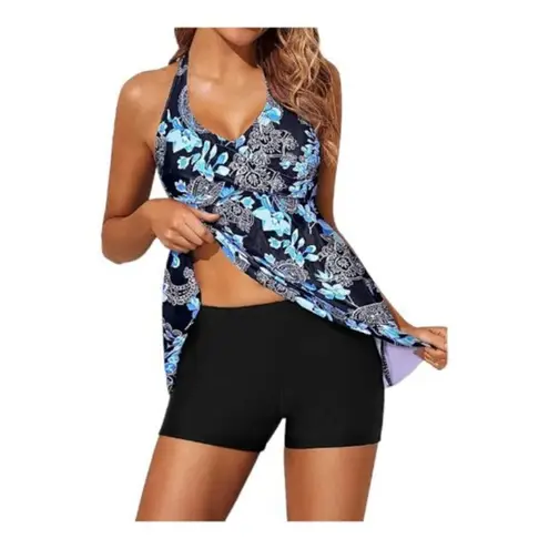 Halter Tankini Swimsuit Set Blue Black Flowy Twist Top Size Small NWT #6980