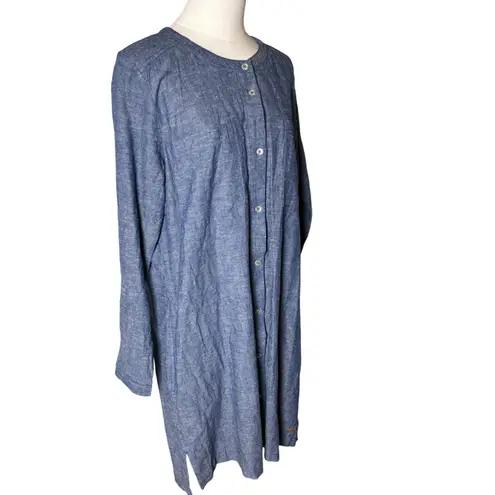 Roots Canada Chambray Linen Cotton Tunic Shirt Dress Blue L Minimalist Fall