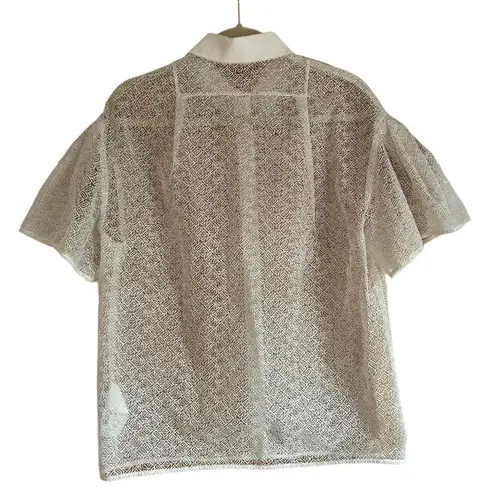 KENZO WHITE SHEER LOGO SHORT SLEEVE BUTTON FRONT BLOUSE Size XS