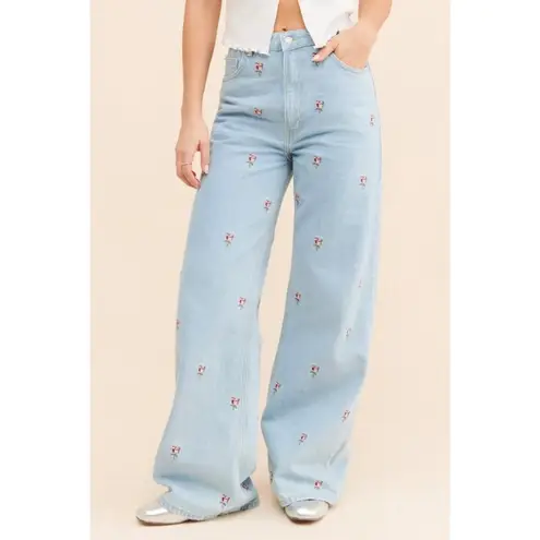 Farm Rio Rose Embroidered Wide Leg Denim
