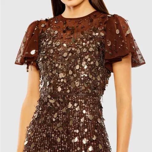 Mac Duggal 24018 Womens Brown Flutter Sleeve Sheer Top Beaded Dress