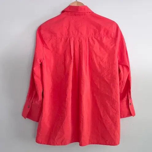 Ali Miles Crinkled Button Front Blouse Bright Coral Pink Collared Women’s Small