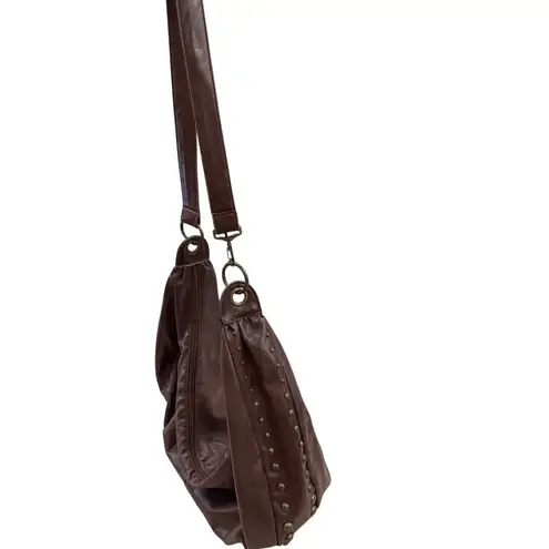Vintage Brown Leather Studded Hobo Shoulder Bag With Brass Accents SKU 7231