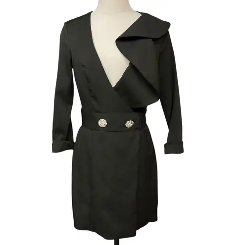 Ieena For Mac Duggal Ruffled Faux Tuxedo 3/4 Sleeve Mini Dress Black Size 4 NWT