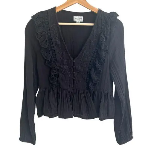 Allison New York Womens Gauze Peasant Top Size S Ruffles Black Boho Embroidered