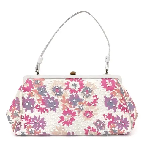 Vintage Magid Beaded Floral Clutch Purse White Pink Purple w Coin Pouch Beaded