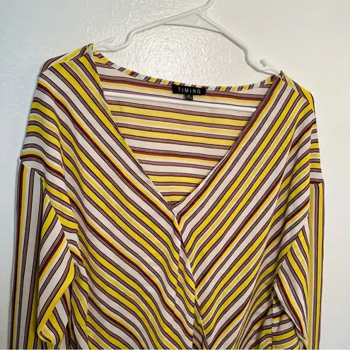 Timing  Faux Wrap Blouse Yellow Red Stripes