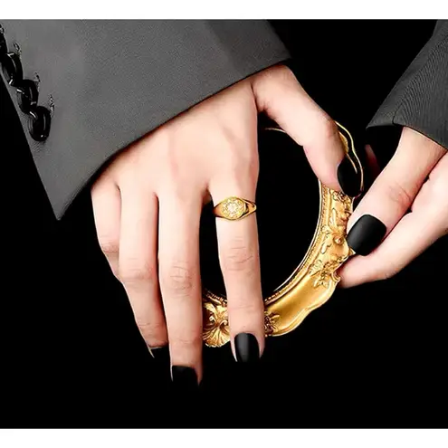 Boutique Unisex Yellow Gold Plated Sterling Pave Diamond Sun‎ Signet Ring, Adjustable