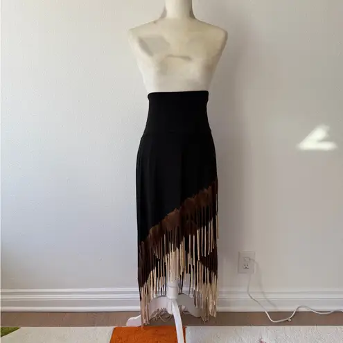 Elegant Unique Black and Brown High Low Ombre Fringe Jersey Fabric Skirt Sz XL