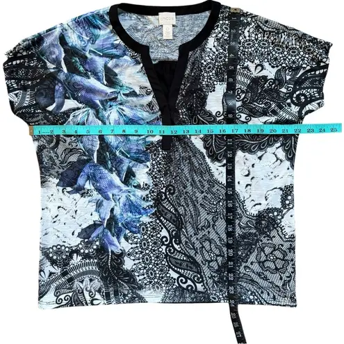 Chico's  Top Womens Small Paisley Split Neck Satin Contrast Short Sleeve