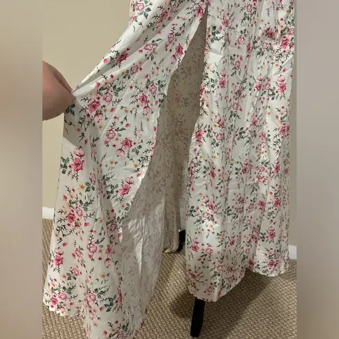 None EUC Women's White and Pink Bohemian Floral Print Puff Sleeve Dress Size Medium