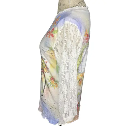 Cactus Vintage Brand Lace Sleeve Blouse Top Floral Bicycle Print Lettuce Hem Med