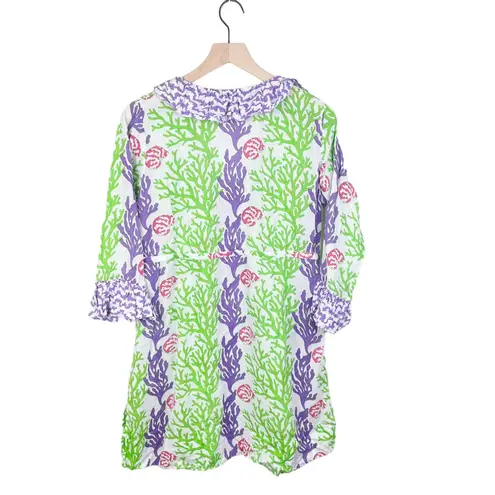 Gretchen Scott Designs Women's Ruffle Neck Dress Medium Purple Green Coral Reef