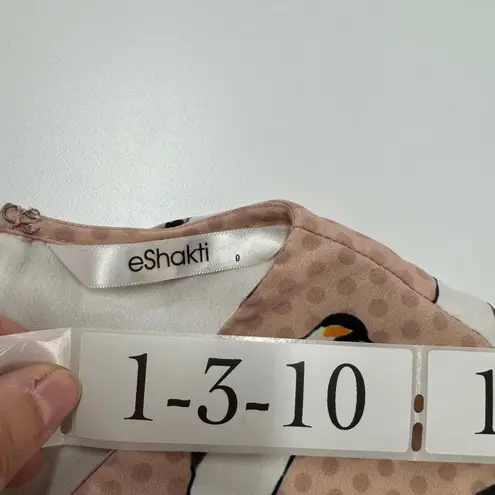 Eshakti Blouse Womens Size 0 Penguin Print Top Beige Pink Wide Sleeve
