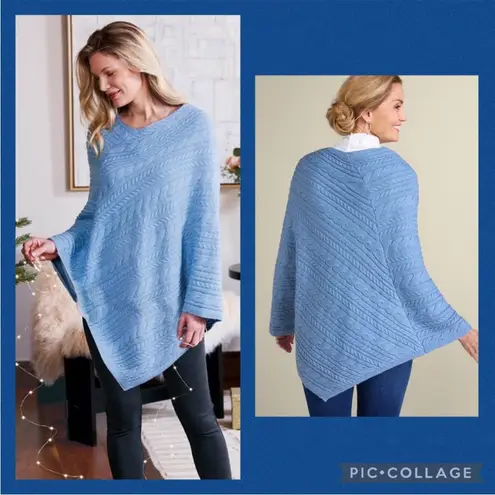 Soft Surroundings  Women's Blue Sweater‎ Poncho Popover One Size Cable Knit NEW
