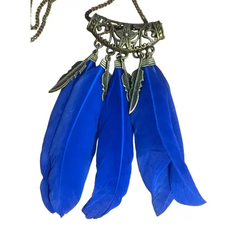 Boho Antique Gold Royal Blue Feather Pendant Necklace Feather Dangles Slide 28"