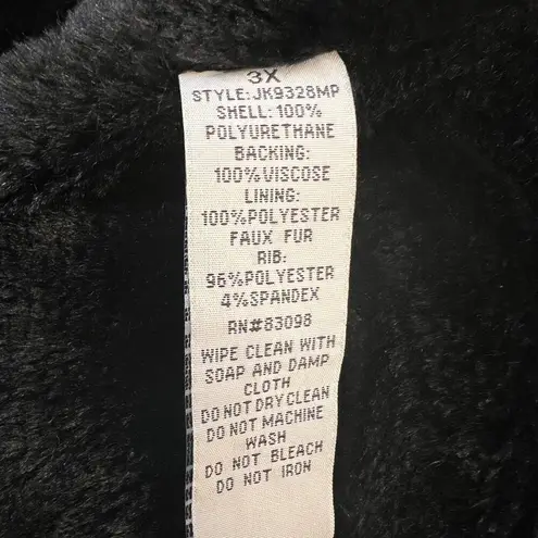 Cavalini Black Vegan Leather Faux Fur Lined Fitted Coat Size 3X Removable Hood