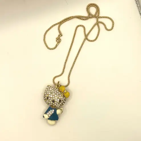 Kawaii Rhinestone Cat Pendant Necklace Blue Dress Yellow Bow Sparkly Cute Gold