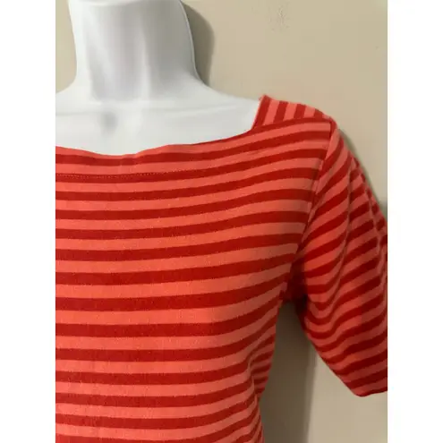 LLBean Women Striped Boat Neck Short Sleeve Top Coral Red Size M REG Size M