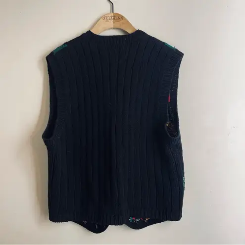 Vintage Lecomte Handknit Holiday Sweater Vest Small Black Red Green Poinsetta