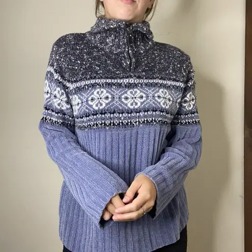 Carolyn Taylor Essentials Blue Pattern Zip Chenille Sweater Size Small