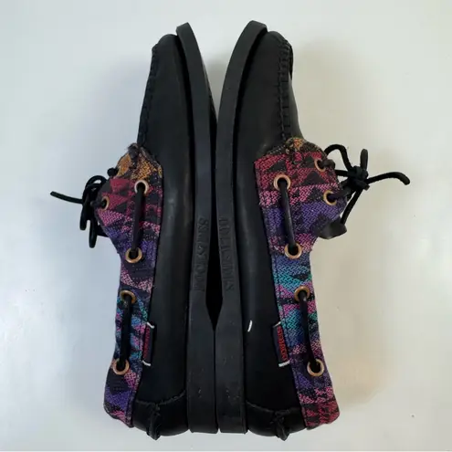 Sebago Spinnaker Black Tribal Leather Boat Shoes Size 8 Nautical Preppy Aztec