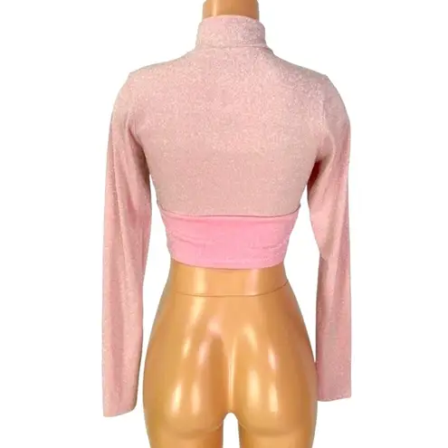 Naked Wardrobe On The Glow Long Sleeve Mock Neck Crop Top Pink Shimmer M NWT