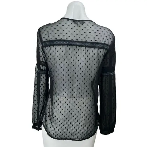 Peacocks Black Sheer Mesh Long Sleeve Swiss Dot Tie Neck Blouse Top Size 10