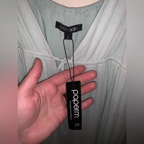 PaperMoon Sage Mint Light Green Deep V Neck Plunging Boho Tiered Maxi Dress L