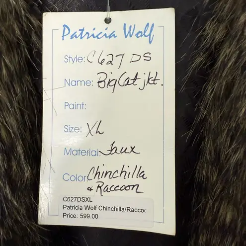 Patricia Wolf NWT faux chinchilla and raccoon with turquoise details coat. XL Brown
