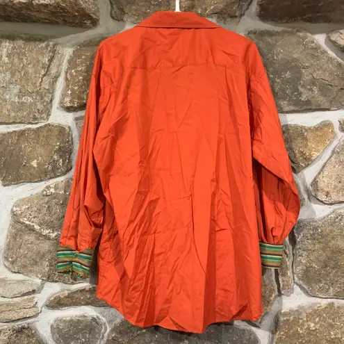 Y2K Early 2000s Orange Bugatchi Long Sleeve Button Down Top w/ Green Striped Accents Size XL