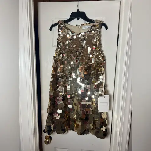 Mac Duggal NEW Jones Sleeveless A-Line Gold Disc Sequin Mini Trapeze Dress Sz 10
