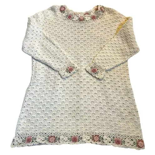 Vintage B. Moss Knitted by Hand Open Knit Floral Tunic Sweater Size Medium White