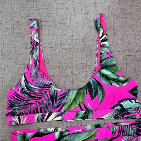 Beach Joy Tropical Leaf Print Ribbed Cheeky Bikini Set Hot Pink Green Medium