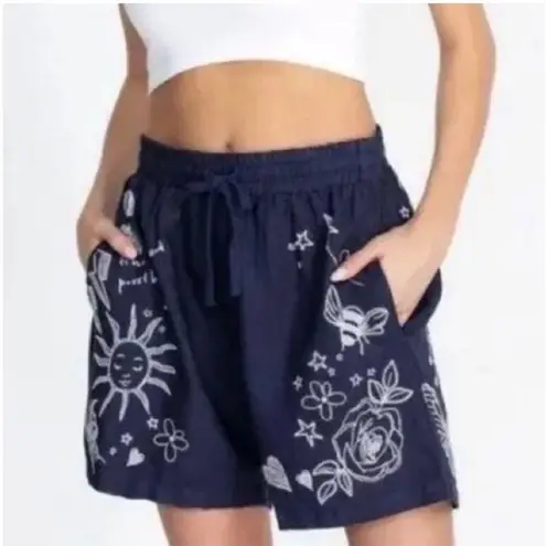 Johnny Was LA Sovanna Floral Embroidered Linen Shorts Navy Blue XS