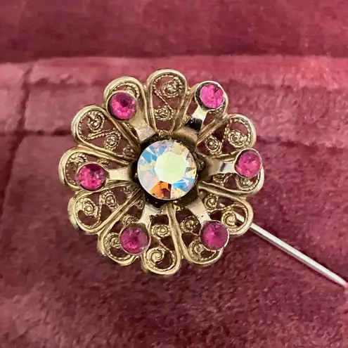 Vintage 60s Gold Tone AB Pink Rhinestone 3D Flower Stick Pin Retro Brooch 3.5”