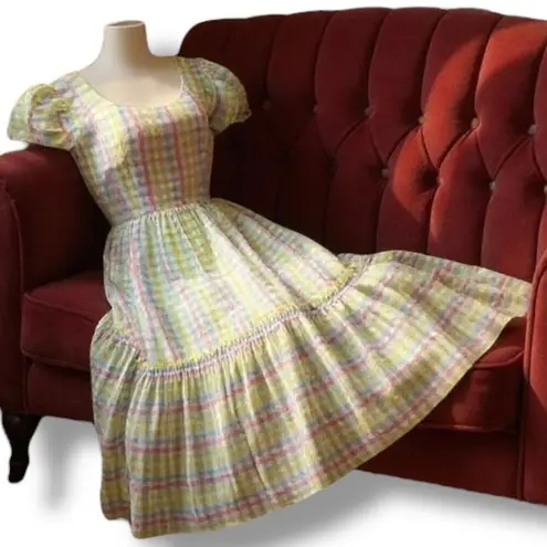 Vintage Denise L Pastel Gingham Plaid Maxi Dress Puff Sleeve Eyelet Maxi Cottage Pink Size XS