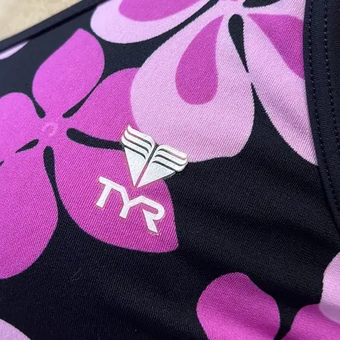 TYR Swimsuit One Piece Swim Dress Sarong Front Mod Floral 12 Purple