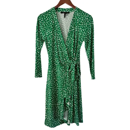 BCBGMAXAZRIA Green Geo Print Wrap Dress Long Sleeve Women's Size S