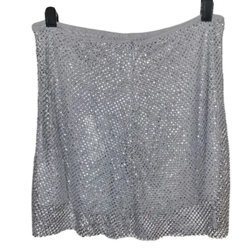 We Wore What NWT REVOLVE Silver Rhinestone Studded Mesh Net Mini Skirt 12 Silver