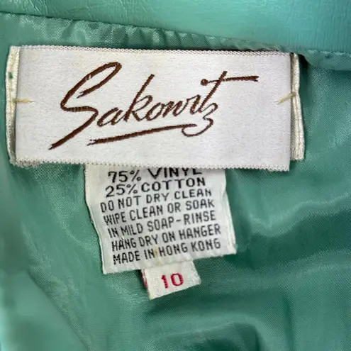 Sakowitz Vintage Trench Coat Jacket Sea Foam Green Vinyl Size 10 Belted Dagger