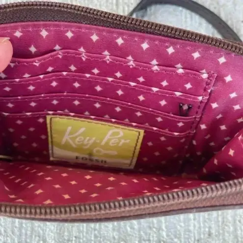 Fossil  KeyPer. Geometric Coated Canvas Wristlet With Brown Leather Trim 6 x 4