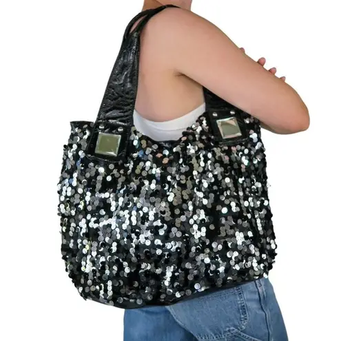 Vintage Y2K Black & Silver Sequin Hobo Purse Tote Bag