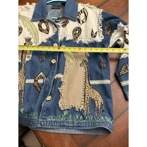 Vintage 90s New Directions Safari Embroidered Patch Denim Jean Jacket Top Blue Size 1X