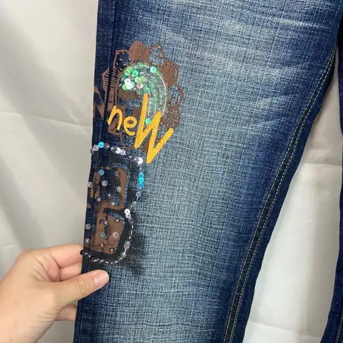 Rhapsodielle junior's women's y2k sequin dark wash flare leg linen blend jeans 3 Size undefined