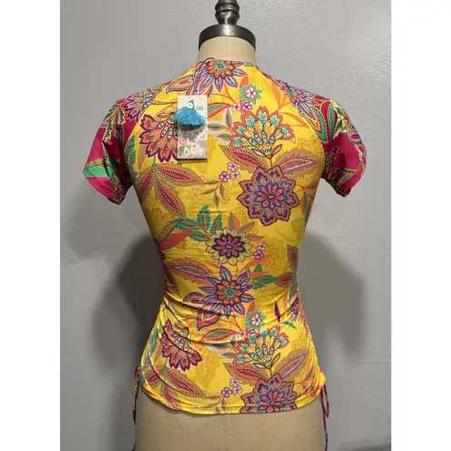 Johnny Was JWLA Sunshine and Flamingo Drawstring Surf Swim Shirt XS Yellow